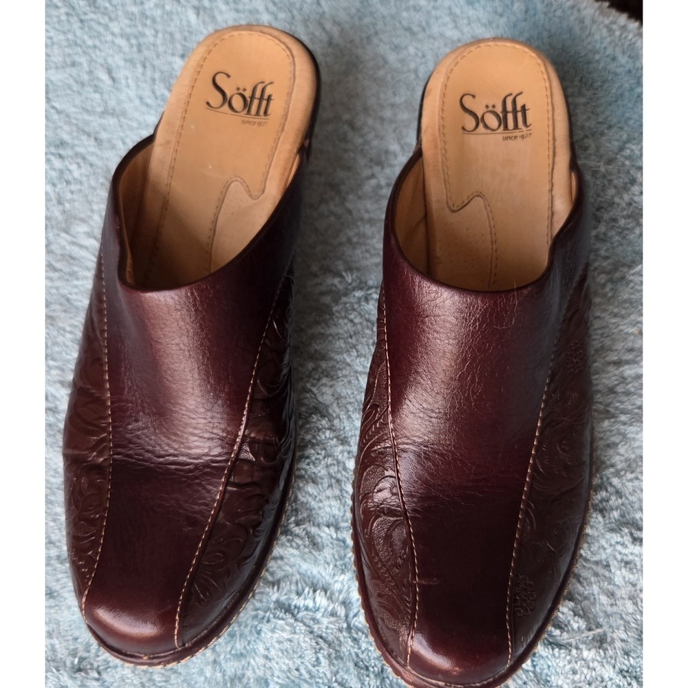 SOFFT Tooled Floral Design Leather Mules Size 7M ~Excellent Pre-owned Condition~